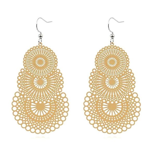 Vintage Style Filigree Tiered Circle Tan Beige Drop Earrings NWT - Picture 1 of 7